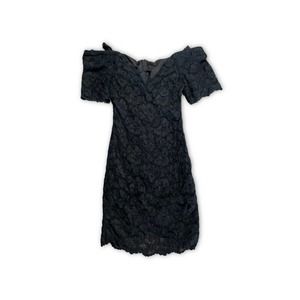 Vintage 80s Nite Scarlett Black Lace Off Shoulder Pencil Sheath Dress